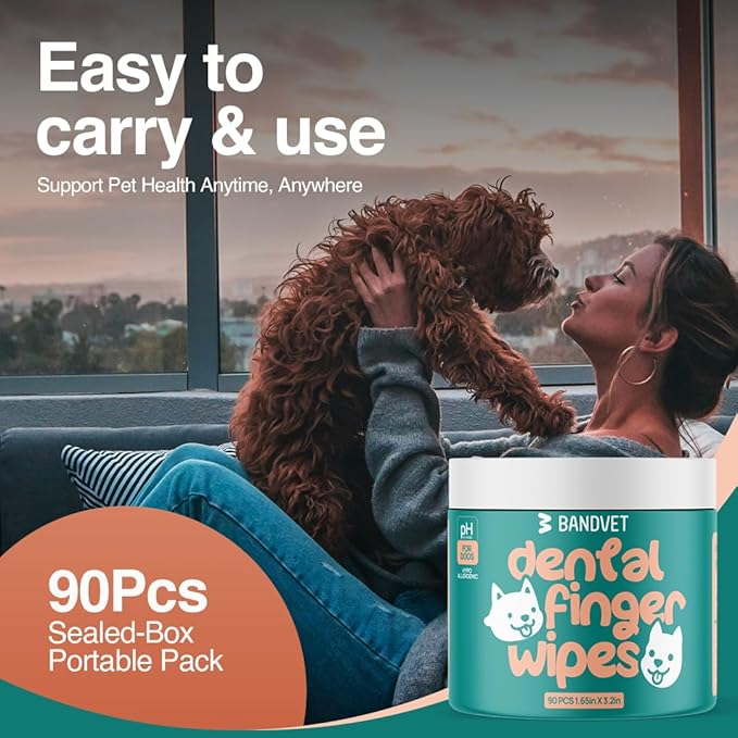 Dog Teeth Cleaning Wipes (90 Count) - No-Rinse Cat Toothbrush, Effective Dog Breath Freshener - Essential Pet Supplies (1.65 in x 3.15 in)
