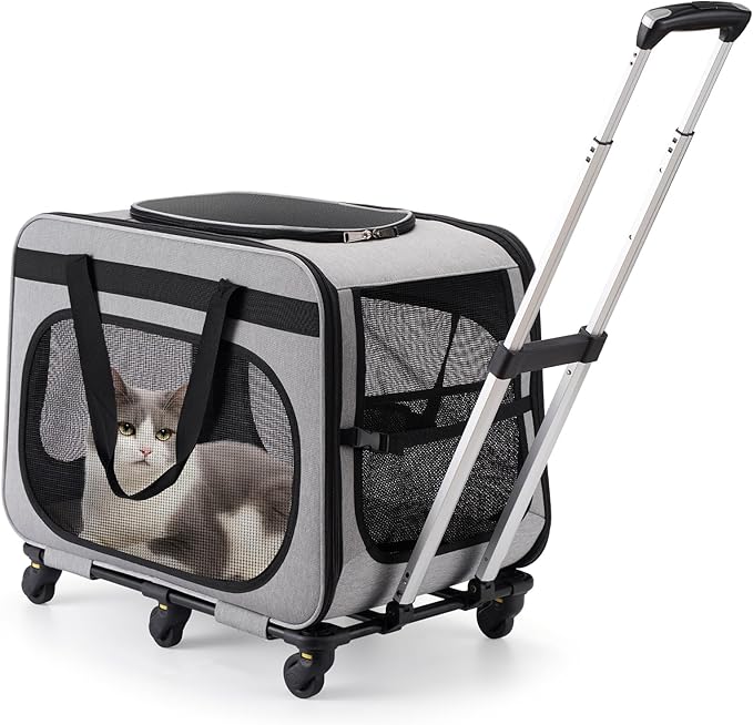 Extra Large Pet Carrier with Wheels for Small Dogs and All-Breed Cats, Cat Rolling Carrier for up to 4 Cats, Support up to 40 Lbs, Grey