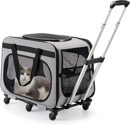 Extra Large Pet Carrier with Wheels for Small Dogs and All-Breed Cats, Cat Rolling Carrier for up to 4 Cats, Support up to 40 Lbs, Grey
