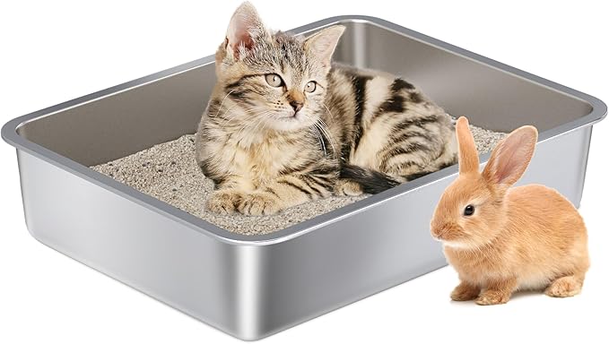 Stainless Steel Litter Box - Metal Cat Litter Box -4“ H Cat Litterbox Low Entry Pet Toilet Supplies for Kitty, Kitten, Rabbit, Puppy,No Stick Easy Clean-No Smell