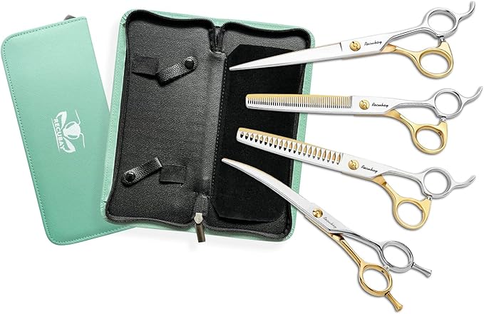 Dog Cat Scissors for Grooming, Pet Shears for Thick Coats and Matted Hair, Thinner Curved Straight Chunker Stainless Steel Shears Gold