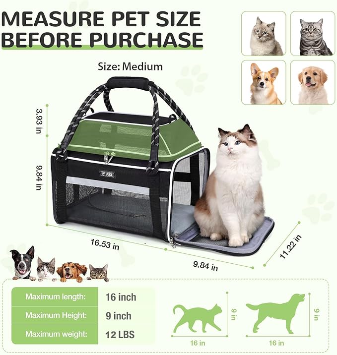 Lekereise Top Expandable Pet Carrier TSA Airline Approved Soft Sided Underseat Up to 12lbs Travel Carriers for Small Cats and Dogs with Convertable Dog Leash and Anti-Scratch Mesh
