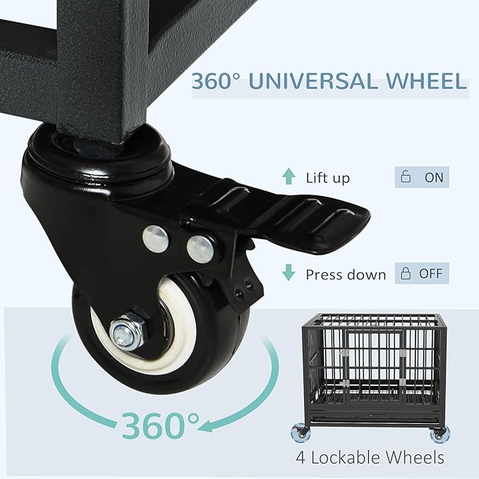 PawHut 36" Heavy Duty Dog Crate Metal Cage Kennel with Lockable Wheels, Double Door and Removable Tray, Gray