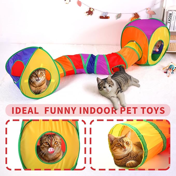 ‌Coolcandy Cat Tunnel & Interactive Cat Toy Indoor, Cube Tent Shape Tunnel Toys for Indoor Cats, Collapsible Interactive Peekaboo Cave with Play Ball, for Multi-Way Play & Small Animals