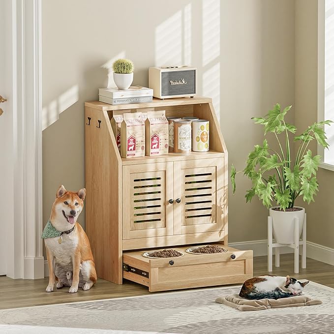 Giluta Dog Feeding Station with Storage Cabinet and 2 Elevated Dog Bowls, Hidden Pet Feeder Station Wood, Dog & Cat Storage Organizer, Natural Wood