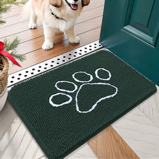 OLANLY Dog Door Mat for Muddy Paws 24x16, Paw Print Design, Absorbs Moisture and Dirt, Absorbent Non-Slip Washable Doormat, Quick Dry Chenille Mud Mat, Entry Indoor Entryway Carpet, Blackish Green