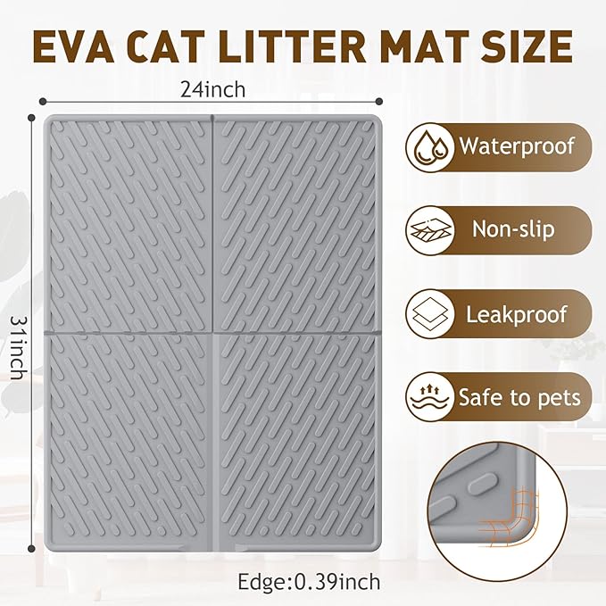 Cat Litter Mat with Grooves & Raised Edge, Urineproof/Waterproof, Litter Scattering Control, Easy to Clean (31 * 24in-Grey-2 Pack)