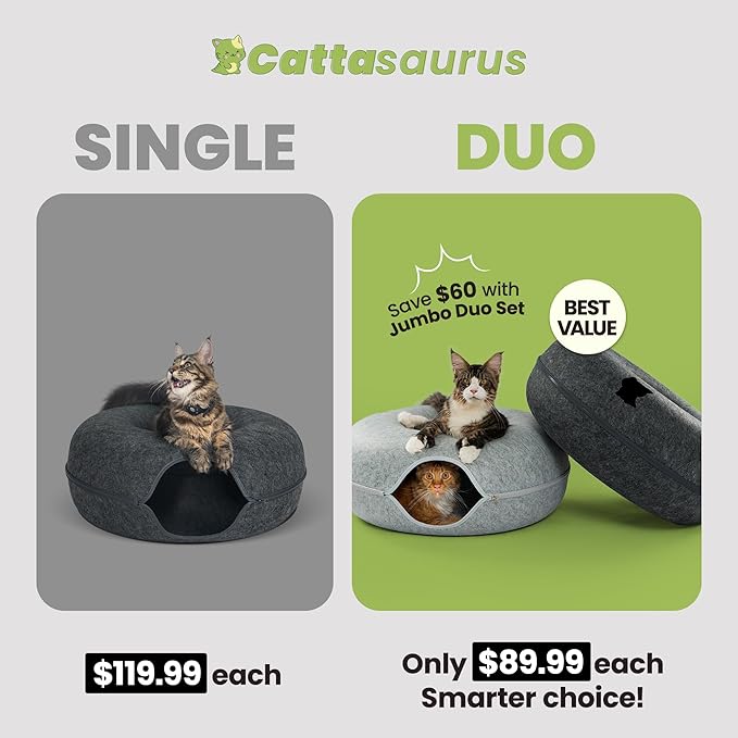Cattasaurus Peekaboo Cat Cave, Extra Spacious for Multiple & Large Cats 12+ lbs, Scratch Detachable Beds for Indoor Cats, Washable Tunnel Bed, Comfy Cat Donut Tunnel (Light Gray+Dark Gray, Jumbo)