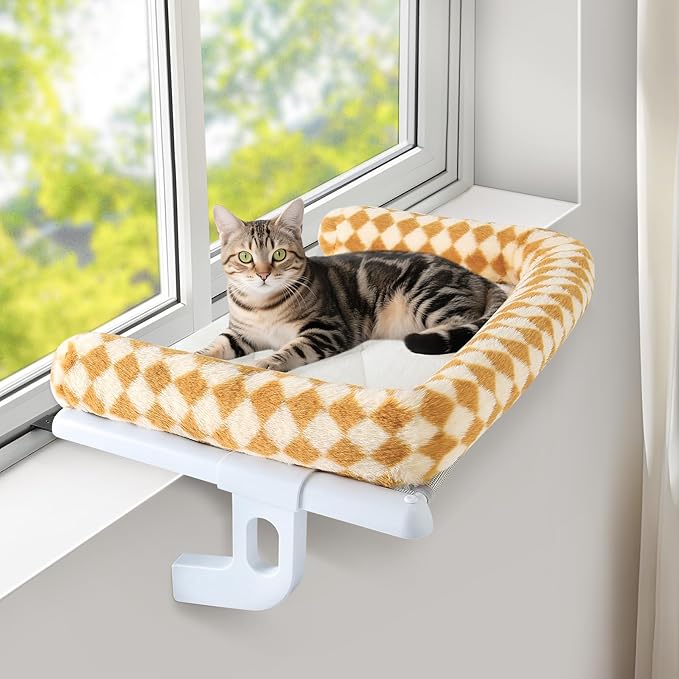 Sunhoo Cat Window Perch Hammock Sturdy Windowsill Bed Seat for Large Cats No Drilling No Suction Adjustable Kitty Shelf with Washable Cover Easy Assembly Holds up to 40 lbs 22.05 * 15 in (Brown, S)