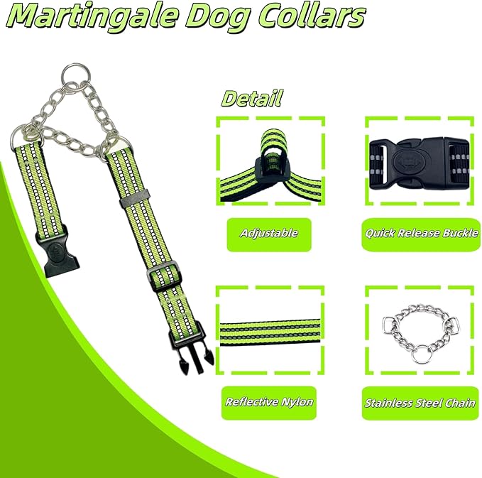 Martingale Dog Collars, Reflective Nylon Collar with Stainless Steel Chain, Adjustable Walking Training Dog Collars with Quick Release Buckle, Suitable for Small Medium Large Dogs(Green,S)