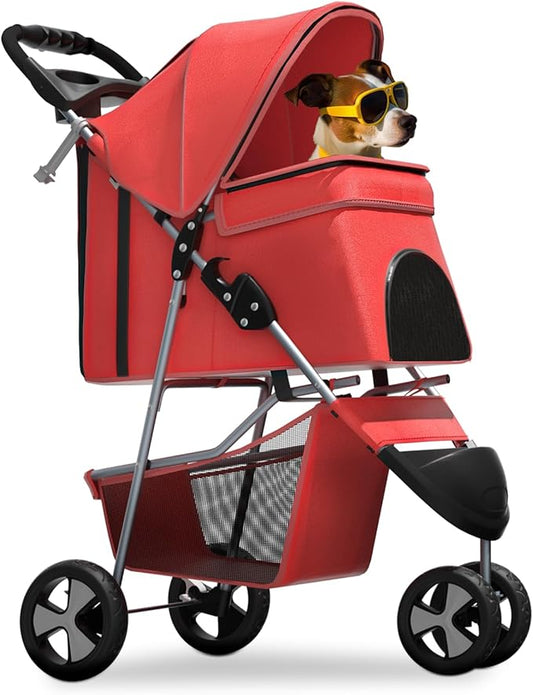 Magshion 3-Wheel Pet Stroller, Foldable Travel Jogger for Small & Medium Dogs & Cats (Up to 33lbs), Lightweight Carrier with Breathable Mesh Cover, Cup Holder & Storage Basket, Red