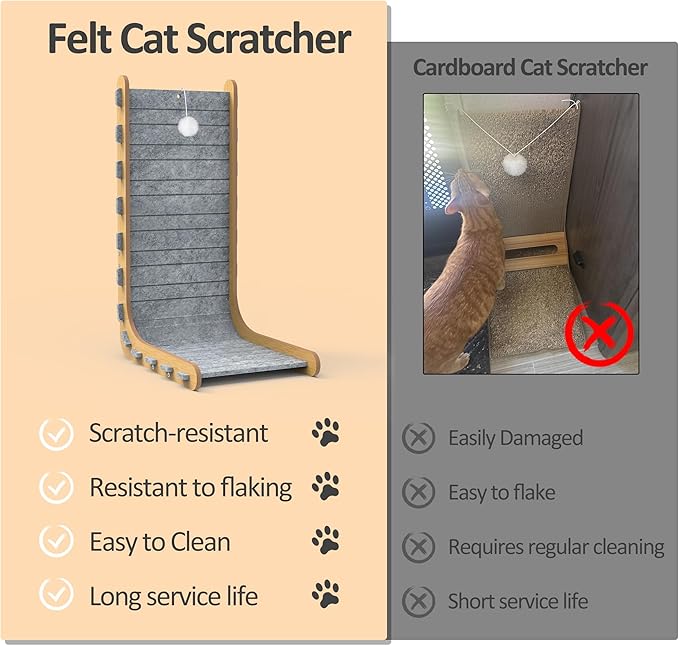 Felt Cat Scratcher for Indoor Cats, 26.8 Inches L Shape Scratching Board Vertical Cat Scratch Post with Fluffy Ball Hanging, Scratch Resistant Felt Cat Scratching Pad, Grey