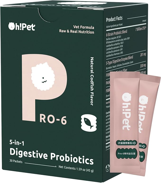 Oh!Pet® 5-in-1 Digestive Probiotics – 7B CFU Powder for Dogs & Cats with Prebiotics & Enzymes (Codfish, 30 Packets)