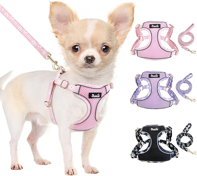 SlowTon Small Dog Harness - No Pull Dog Harness and Leash Set, Soft Mesh Lightweight Puppy Vest Harnesses, Adjustable Pet Harnesses for XXS XS Small Medium Easy Walk Hiking (Pink, S)