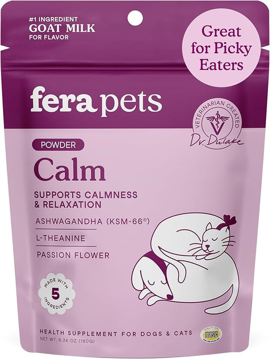 Fera Pets Goat Milk - Calming Supplement for Dogs & Cats - Ashwagandha, L-Theanine, & Passion Flower - Supports Anxiety Relief & Relaxation - for Picky Eaters - 60 TSP