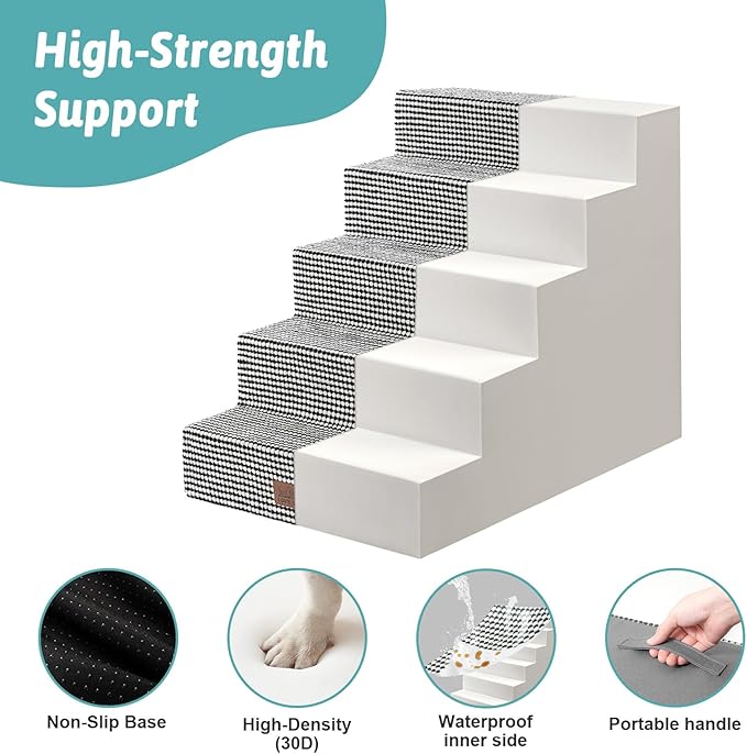 Dog Stairs for Small Dogs, 5 Tier Wider Pet Stairs for High Beds, 23.6" H Non-Slip Dog Steps for Old Cats, Puppies, Small Medium Dogs, 19.7x29.5x23.6 inch, White Black