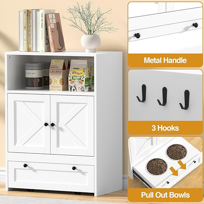 Giluta 32" High Dog Feeding Station with 2 Elevated Bowls, Pet Organizers and Storage Cabinet with 3 Hangers, Pet Feeder Station, Hidden Pet Storage Cabinet for Cats and Dogs