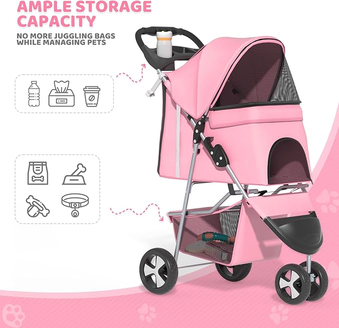 Magshion 3-Wheel Pet Stroller, Foldable Travel Jogger for Small & Medium Dogs & Cats (Up to 33lbs), Lightweight Carrier with Breathable Mesh Cover, Cup Holder & Storage Basket, Pink