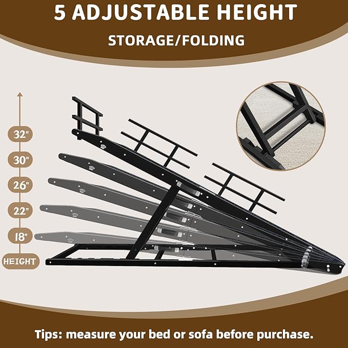 Dog Ramp for Bed - 65" Length, Supports up to 32" Height,Includes Non-Slip Replaceable Carpet, Safety Rails & Landing Platform,Adjustable & Foldable Pet Ramp for Large/Senior Dogs to Get on Bed-Black