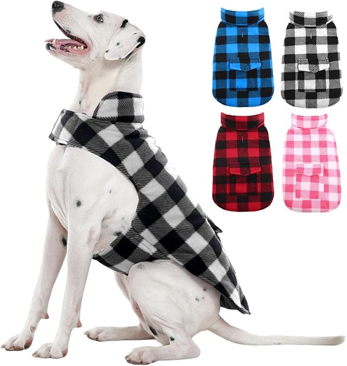 Kuoser Dog Winter Coat, Windproof Dog Fleece Jacket British Style Plaid Cold Weather Doggie Vest Coats, Reversible Cozy Warm Pet Clothes Apparel for Extra Large Size Dogs XXL