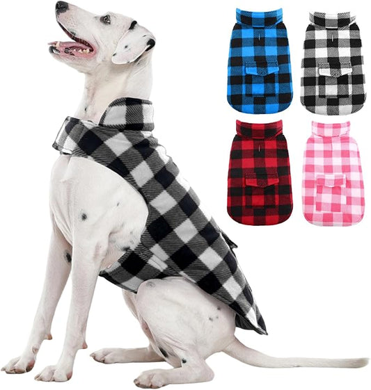 Kuoser Dog Winter Coat, Windproof Dog Fleece Jacket British Style Plaid Cold Weather Doggie Vest Coats, Reversible Cozy Warm Pet Clothes Apparel for Large Size Dogs XL