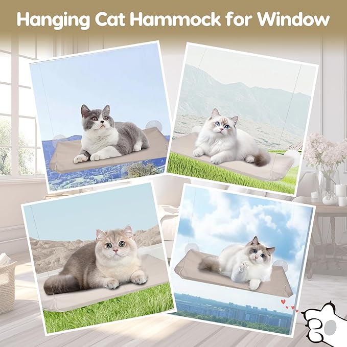 Cat Window Perch, Hanging Cat Hammock for Window, Foldable Cats Windows Bed with 4 Suction Cup, Windows Hammock for Cats Inside Perch Hold up to 44 Pounds Two Pets (Khaki, L)
