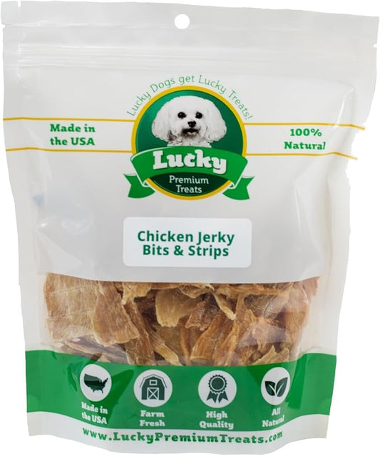 Lucky Premium Treats Chicken Jerky Bits and Strips – Chicken Jerky Treats Made with Sliced, All Natural Lean Dehydrated Chicken Breast (29 oz)