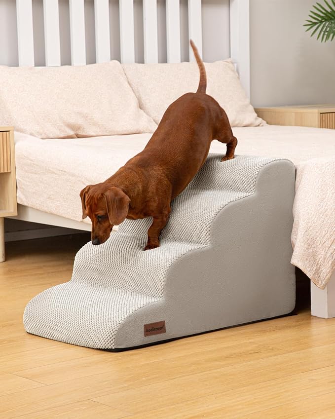 Dog Stairs Ramp for Bed and Couch,4 Step Dog Steps for Small Dogs,Pet Stairs with Non-Slip Bottom for Old Cats,Indoor Pet Steps,Comfort,Durable,17.4" H,Light Grey