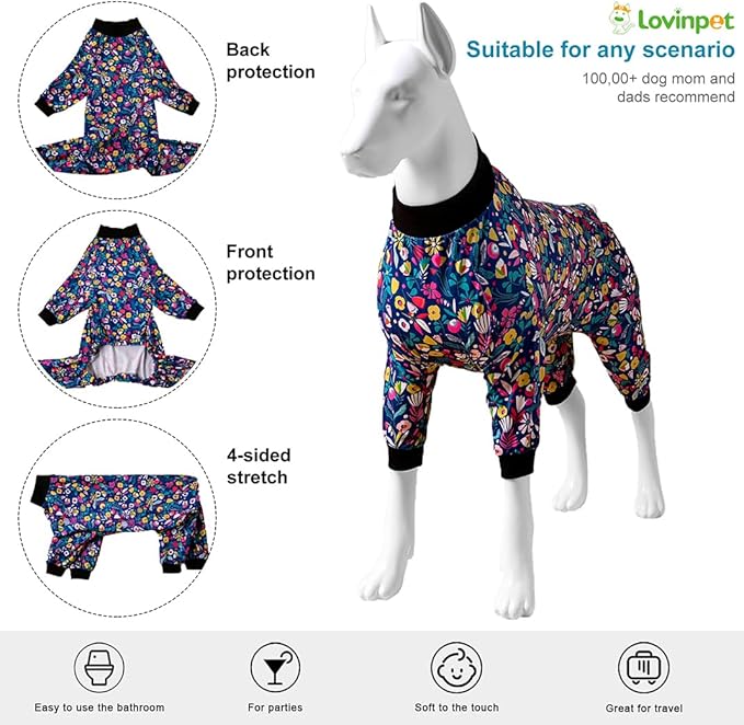 LovinPet Dog Pajamas Apparel for Giant Dogs, Pitbull Clothes, Stretch Knit, Hawaiian Flowers Print, Big Dogs Pullover Onesie, Pajamas for Pitbulls, Pitbull Onesie, Full Coverage Big Dog Pjs, XL