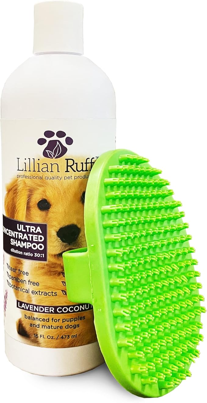 Lillian Ruff PRO Formula Ultra Concentrated Dog Shampoo – Makes 4 Gallons/30 Bottles, 30:1 Dilution, Professional Pet Shampoo for Sensitive Skin | Deodorizing & pH-Balanced Made in USA 16.9oz + Brush