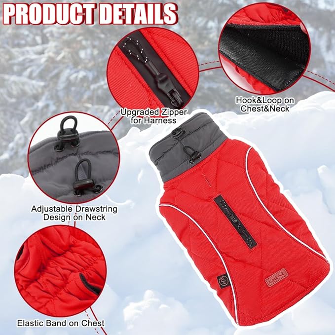EMUST Winter Dog Coat for Medium Boys - Thick Clothes with Harness Hole for Cold Weather, Red, M