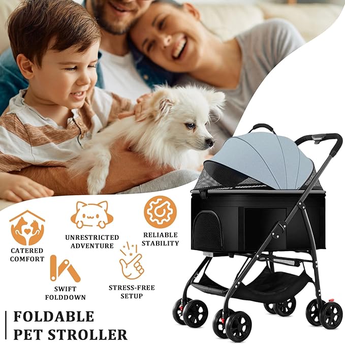 3 in 1 Dog Strollers 4 Wheels Folding Pet Stroller with Detachable Carrier Multifunction Portable Dogs Travel Carriers for Medium Small Puppy Kittens