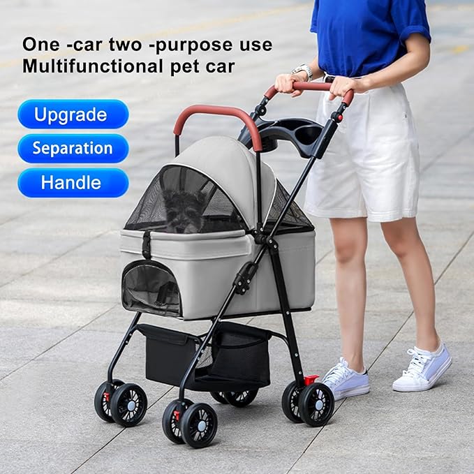 Pet Stroller-Folding 4 Wheels Cat/Dog Stroller for Medium Small Pets with Storage Basket and Cup Holder Suitable for Going Out and Traveling (Grey)