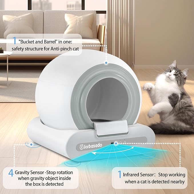 J JORBASADO Self Cleaning Litter Box 65L+9L Automatic Cat Litter Box Self Cleaning with APP Control for Multiple Cats Families Safety Protection