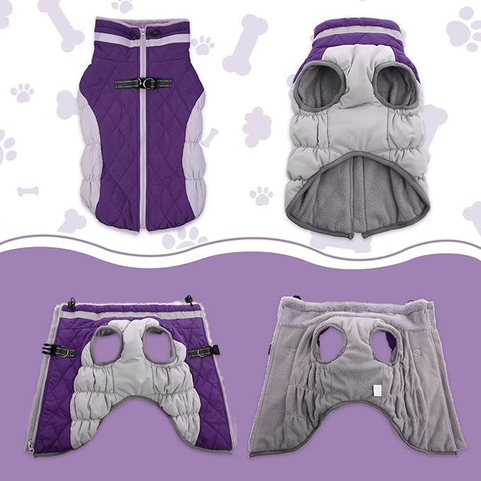 Lelepet Dog Coat Warm Dog Winter Coat Waterproof Dogs Jacket with Harness Built in Reflective Pet Fleece Vest Zip-Up Cold Weather Coats for Small Dogs Turtleneck & Windproof Coats Chihuahua Purple XS