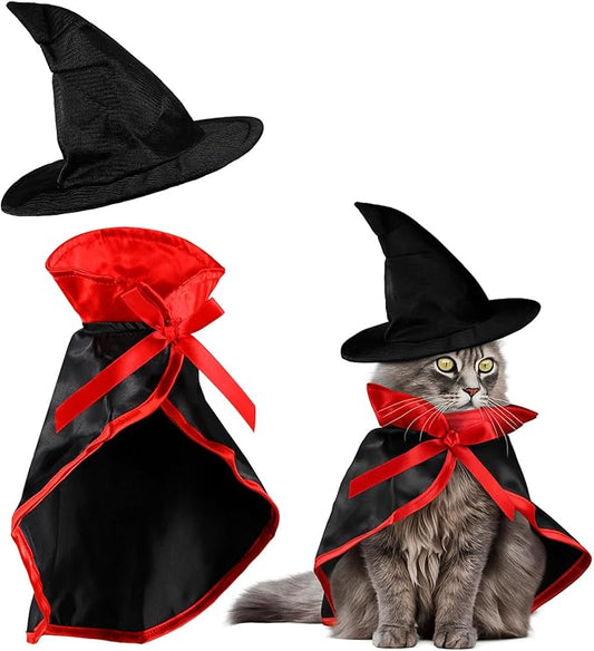 Frienda 2 Pieces Halloween Cat Costume Funny Wick Pet Vampire Cloak Witch Cape and Hat for Kitten Puppy Small Cat Dog Cosplay Halloween Party Supplies(Basic)