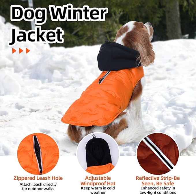 Nanaki Large Puffer Jacket for Dogs for Cold Weather-Warm Dog Winter Jacket with Leash Hole, Lightweight Windproof Puffer Vest with Hood for Outdoor Activities, Snowsuit Halloween Christmas, Orange