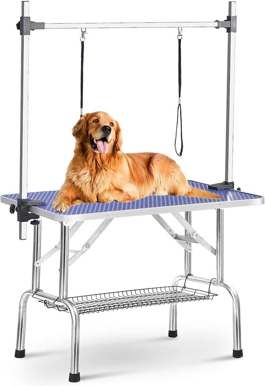 36 Inch Dog Grooming Table, Adjustable Height Pet Grooming Table with Armrest, Ropes and Mesh Tray, Suitable for Home and Dog Washing Station