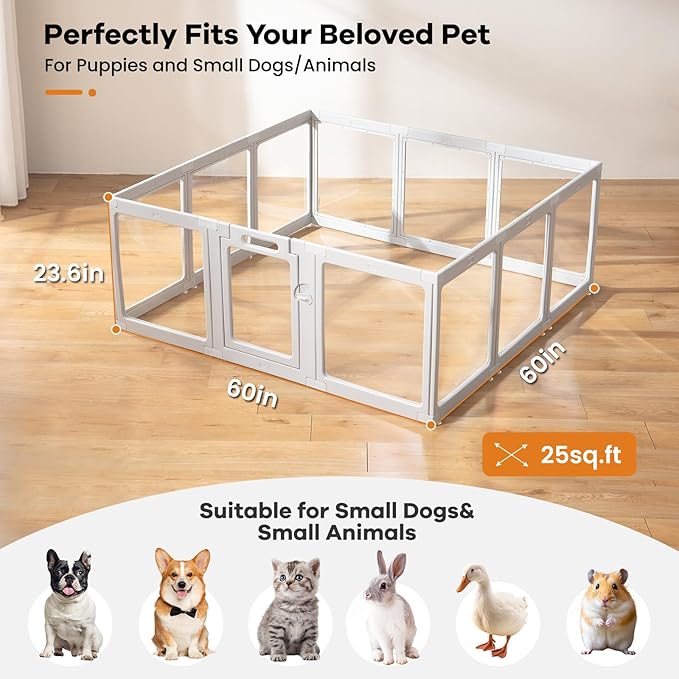 Clear Acrylic Dog Playpen Indoor, Puppy Cat Small Pet Play Pen, Pet Cat Foldable Playpen for Rabbits, Dog Fence Crate Kennel Whelping Cage (Grey, 12 Panel)