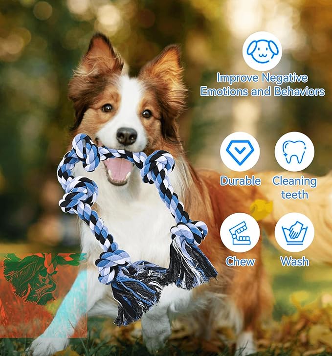 Dog Rope Toy 37.4 in, 6 Knots Dog Tug of War Toys for Aggressive Chewers, Indestructible Rope Toys for Medium Large Dogs, Blue-White