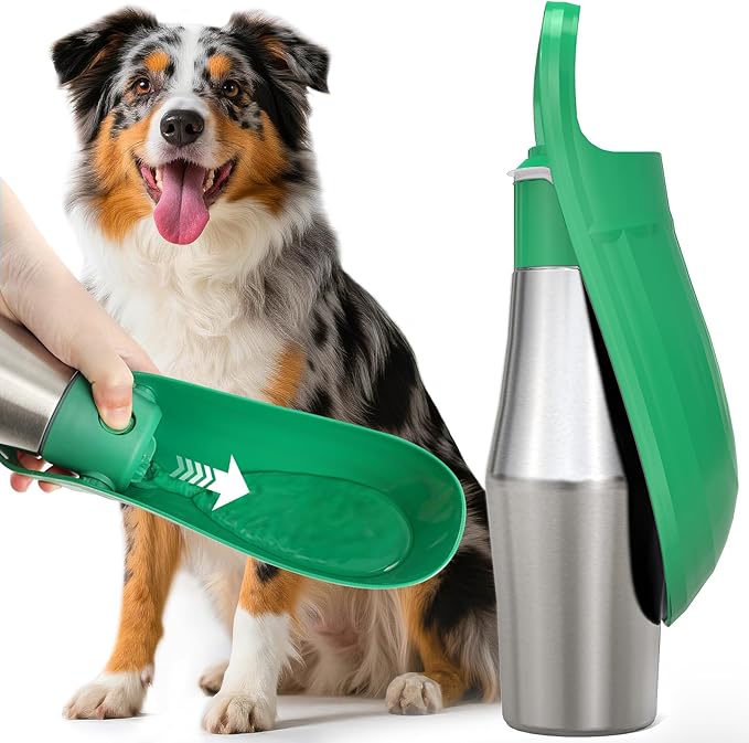 Stainless Steel Dog Water Bottle - 27 oz Portable Travel Dog Bottle & Bowl, Leak Proof Stainless Steel Metal Pet Water Bowl Dispenser for Camping, Hiking, Traveling, Walking (27oz, Green)