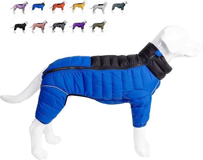 Lovelonglong Warm Jacket - 4 Legs Covered Waterproof Windproof Reflective Vest, Zippered Adjustable Outdoor Snow Jacket for Small Medium Large Dogs, Blue XXXXL