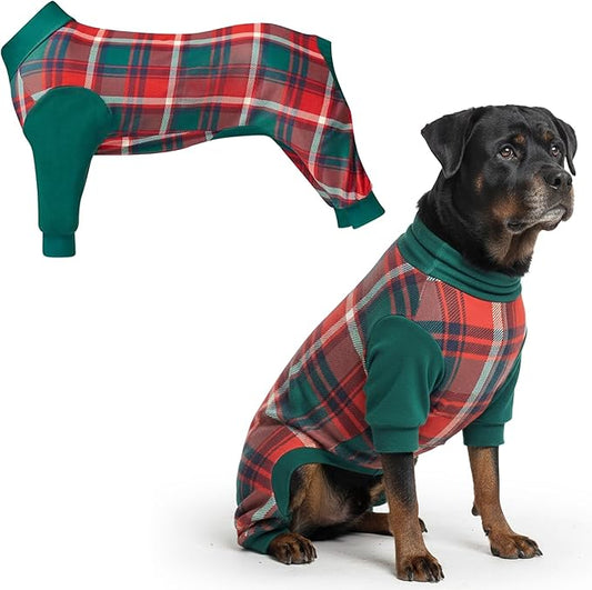 Spark Paws Dog Christmas Pajama, Dog Recovery Suit Male, Onesie, Ultra-Soft and 4-Way Stretch, for Small Medium and Large Breeds - Green and Red Plaid - 4XL