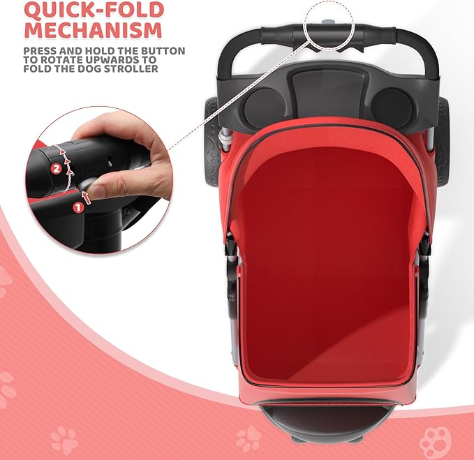 Magshion 3-Wheel Pet Stroller, Foldable Travel Jogger for Small & Medium Dogs & Cats (Up to 33lbs), Lightweight Carrier with Breathable Mesh Cover, Cup Holder & Storage Basket, Red