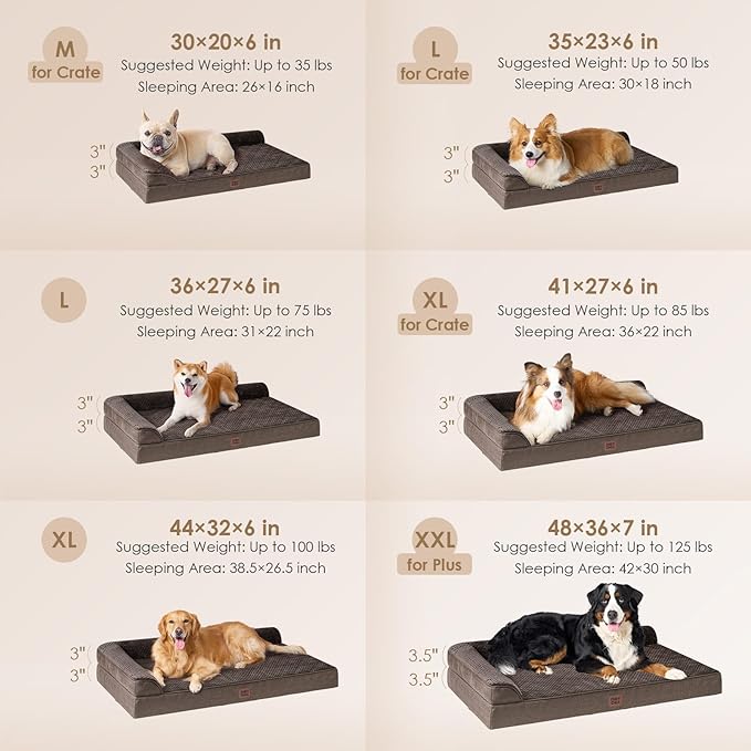 EHEYCIGA Memory Foam Dog Bed XXL, Giant Dog Bed Orthopedic with Washable Removable Cover, Waterproof Pet Bed Couch for Jumbo Dogs, 48x36x7 Inches, Brown