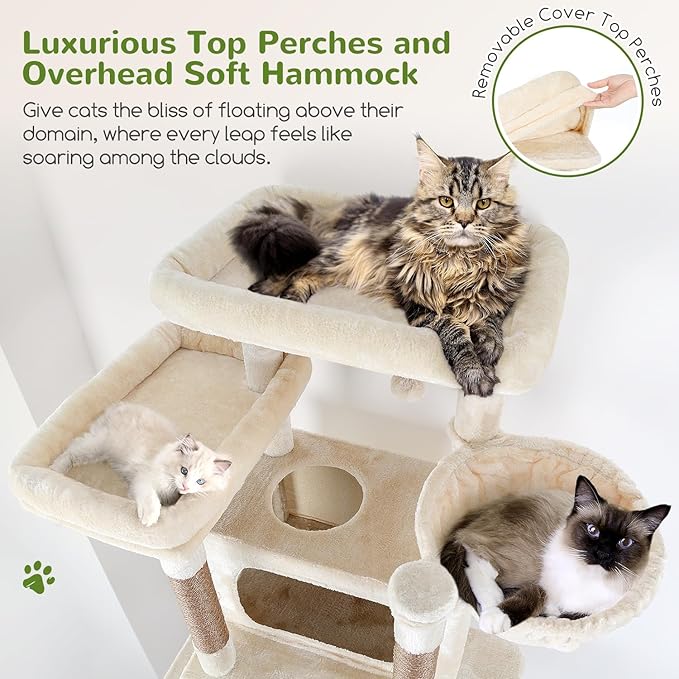 Globlazer XXL Giant Cat Tree, 83 Inch Heavy Duty Tall Cat Tower for Indoor Cats Large Adult, Multi-Level Large Cat Condo with 8 Scratching Posts, Hammock, 2 Cat Caves, 2 Platform, F83B, Beige