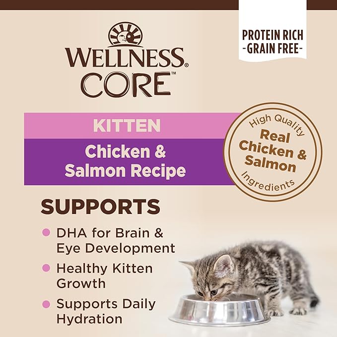 Wellness CORE Pate Kitten Wet Cat Food, Natural, Protein-Rich, Grain Free, 3 Ounce, 12 Pack (Chicken & Salmon)