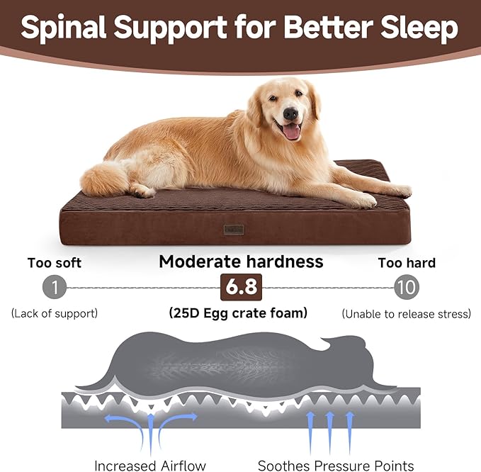 OhGeni Orthopedic Waterproof & Machine Washable Dog Bed for Medium Large Pets, Cat Mat with 25D Egg Crate Foam, Non-Slip Bottom & Removable Cover, 36 Inches(Brown)