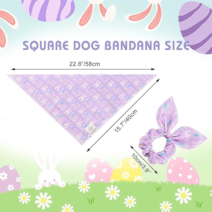 E-Clover Easter Dog Bandana & Matching Scrunchie-Bunny Dog Bandanas Pet Scarf Bib for Samll Dogs Puppy Girl Boy Owner Gift Purple
