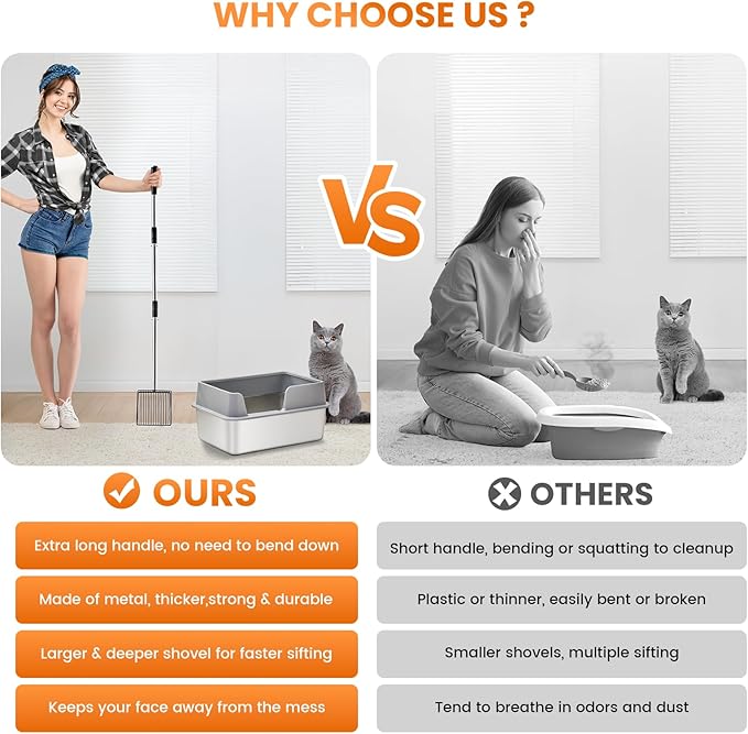 Cat Litter Scoop 43 inch Metal Litter Scooper with Stainless Steel Long Handle, Upgraded Large Kitty Box Scooper Heavy Duty Deep Shovel for Fast Sifting, Dog Waste Scooops for Outside Pet Poop